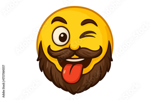 Crazy winking emoticon with a medieval hipster beard and tongue out. Cool emoji smiley icon. Funny bearded character. Goofy silly face with big mustache. Vector illustration.