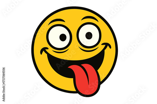 Crazy silly goofy face with tongue out. Happy excited vector emoticon. Funny cartoon emoji for fun, joy and teasing. Mad expression character icon. Comic person illustration.