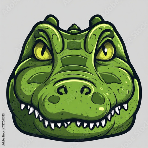 Cartoon illustration of a green alligator head with sharp teeth and intense eyes, staring forward.