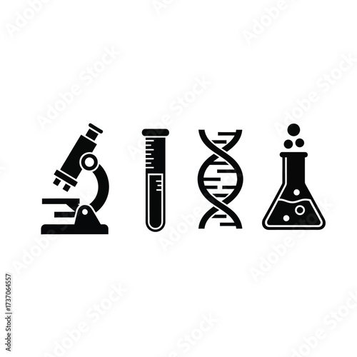 A set of four black science icons representing biology and chemistry: a microscope, a test tube, a DNA double helix, and a bubbling flask.