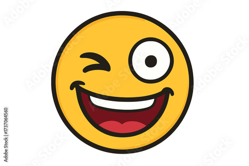 Crazy wink emoji smiley. Funny yellow emoticon winking. Vector icon for happy, silly, and playful expressions. Cheerful cartoon face for fun, jokes, and positive emotions.