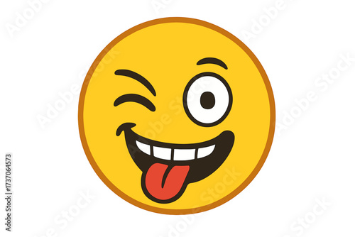 Crazy wink emoji with tongue out. Silly yellow smiley face emoticon. Funny vector character expression for chat or sticker. Zany, playful, and cheerful emotional icon.