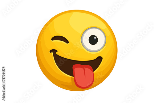 Crazy wink emoji with tongue out. Silly yellow face emoticon for fun and joy. Playful, teasing character expression. 3D vector smiley icon illustration for chat or design.
