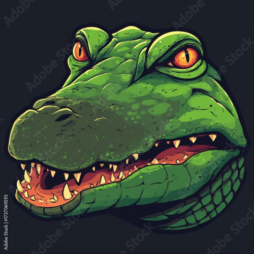 A vibrant illustration of a green alligator head with open jaws and intense eyes.