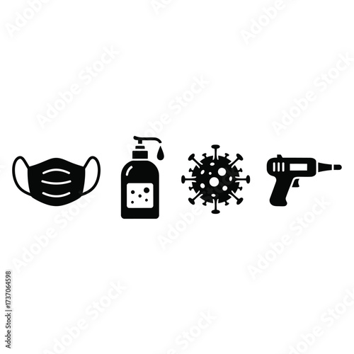 A collection of four black icons representing COVID-19 prevention and detection: a face mask, a hand sanitizer dispenser, a virus particle, and a non-contact thermometer.