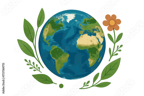 Happy Earth Day vector illustration. Realistic planet globe with green leaves and flower. Concept of environment care, conservation, ecology, sustainability. Save the world.