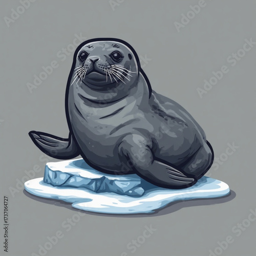 A cartoon depiction of a seal resting on a small ice floe, looking forward.