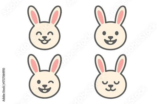 Vector collection of cute bunny rabbit face emojis showing different emotions. Set of cartoon animal character icons for Easter holiday design, smiling, winking, and happy.