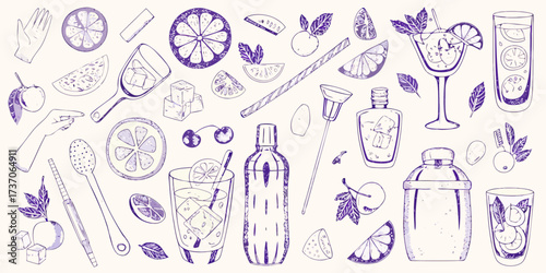 Hand drawn collection of cocktail ingredients and bar tools in purple ink on a light background