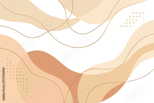 Modern abstract background with fluid organic shapes, soft neutral earth tones and delicate golden lines. Elegant minimalist vector wallpaper. Aesthetic liquid wave art banner.