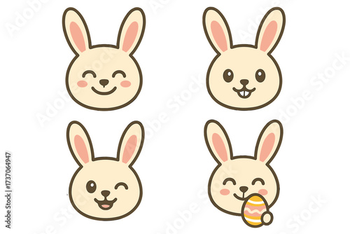 Easter bunny emoticon set. Cute rabbit head icon collection. Vector graphic of happy kawaii animal face characters with different expressions for the spring holiday design.