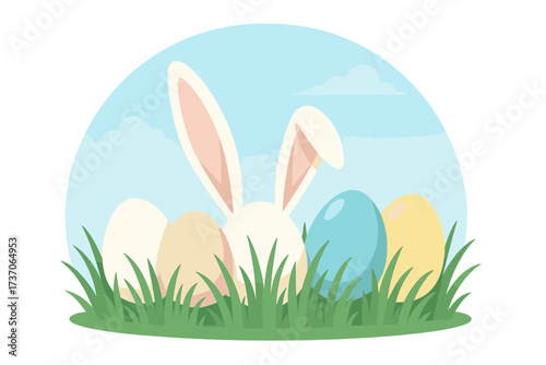 Happy Easter greeting card design. Cute cartoon bunny ears hiding behind colorful painted eggs in the grass. Spring holiday celebration vector for poster or banner concept.