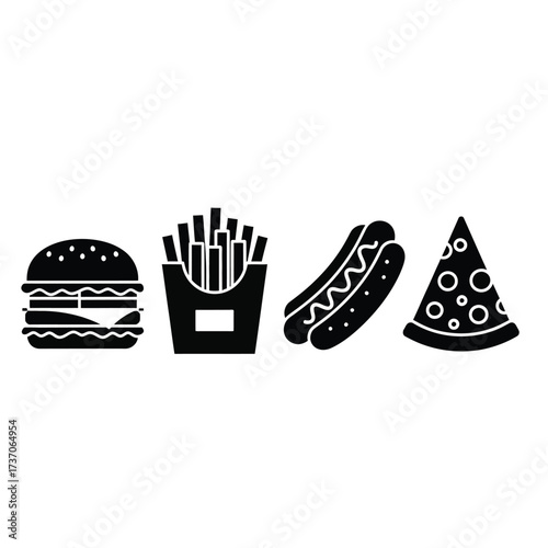 Fast Food Icons Burger, Fries, Hot Dog, and Pizza Slice