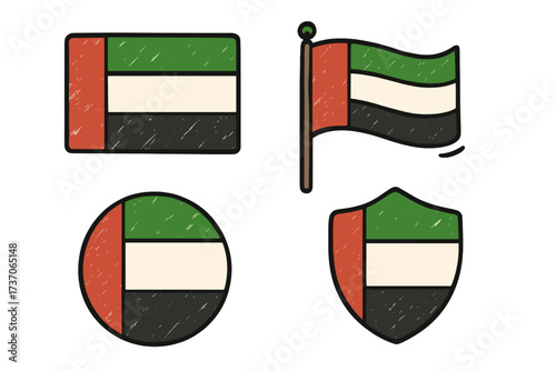 UAE flag vector icon set. Hand-drawn doodle sketch style. United Arab Emirates national symbol collection. Waving flag, shield, and circle button emblem for patriotism concept.
