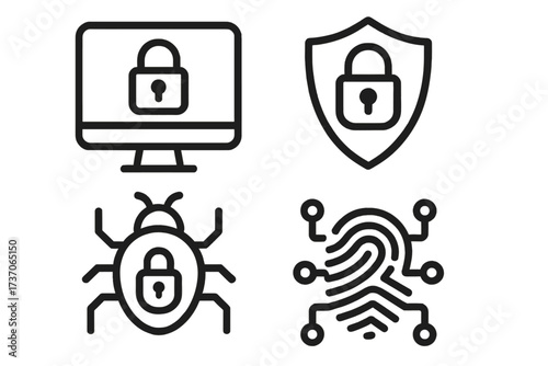 Cybersecurity icon set. Data protection, network security, antivirus shield. Computer bug, malware, virus protection. Biometric fingerprint scan for authentication and access.