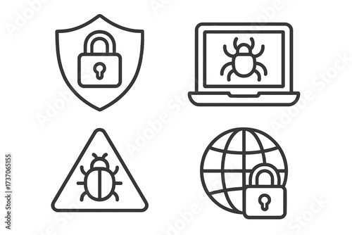 Cybersecurity icon set. Antivirus software, computer virus, malware bug, and network protection concepts. Vector linear icons for data safety, internet security, and threat warning.
