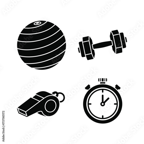 A collection of four black silhouette icons representing fitness and sports equipment, including a stability ball, dumbbell, whistle, and stopwatch.
