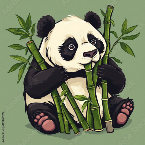 A cartoon panda sits happily, munching on fresh green bamboo stalks.