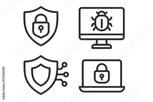 Cybersecurity icon set. Vector linear symbols for data protection, antivirus, and network defense. Includes shield, padlock, computer virus, and laptop security concepts.