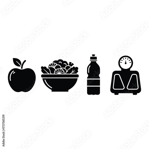 Black and white icons representing healthy eating, hydration, and weight management for a balanced lifestyle.