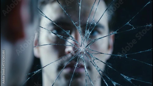 Mans face seen through a shattered glass screen.