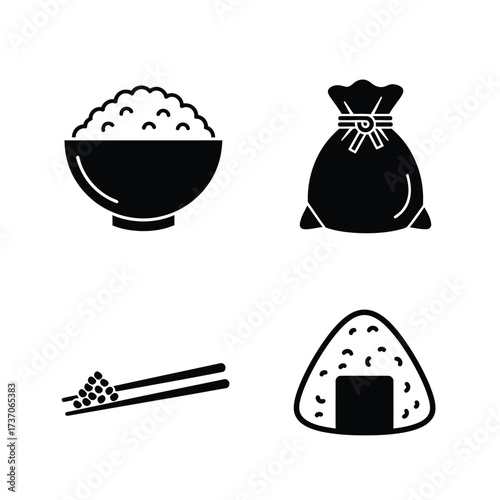 A collection of four black and white icons representing Japanese food items, including a bowl of rice, a rice bag, chopsticks, and an onigiri.