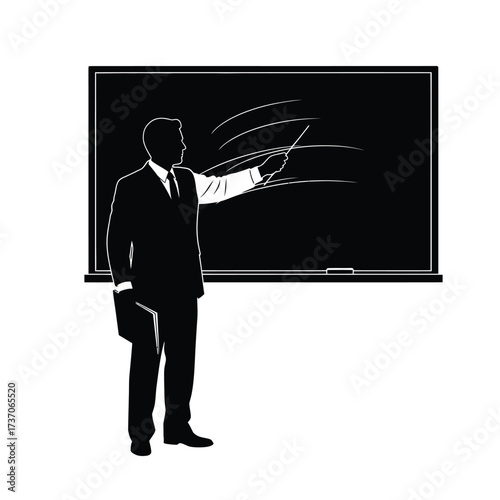 Silhouette of a man in a suit pointing at a chalkboard with a pointer.
