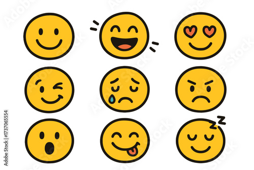 Hand-drawn fun emoticon set. Vector emoji smiley face icons. Cute cartoon character expressions for social media. Happy, sad, angry, love, sleep and wink emotions collection.