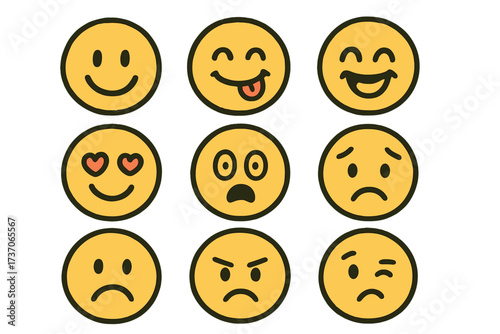 Cute freehand emoticon set. Vector emoji smiley illustrations. Collection of yellow cartoon faces with many expressions. Happy, sad, angry, love, surprised, winking icons.