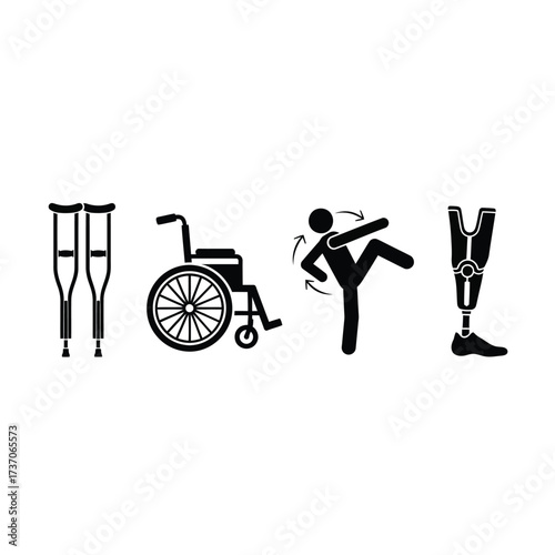Assistive devices and rehabilitation icons: crutches, wheelchair, exercise, prosthetic leg.