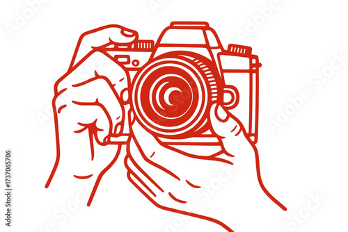 Hands holding a vintage dslr camera. Photographer taking picture. Line art vector icon. Concept for photography, photo session, creative hobby, photojournalist, cameraman.