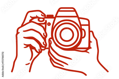 Hands holding camera vector icon. Photographer taking picture. Line art illustration for photography, journalism, reportage, creative hobby, photo school, paparazzi, workshop.