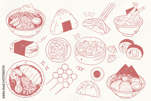 Hand Drawn Japanese and Asian Food Illustration Set including ramen, sushi, onigiri, tempura, dumplings, gyoza, and skewers. Perfect for restaurant menus, food packaging, posters, or culinary.