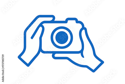 Hands holding camera icon for photography and media concepts. Vector illustration of a photographer taking a picture. Symbol for photo shooting, journalism, and capture.