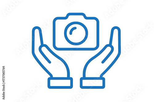 Camera in hands line icon. Photographer logo. Photo studio symbol. Concept of careful handling of equipment, photography service, picture sharing. Editable vector illustration.