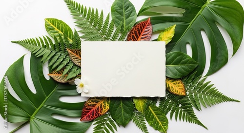 Blank Card Surrounded by Lush Tropical Greenery and Leaves.