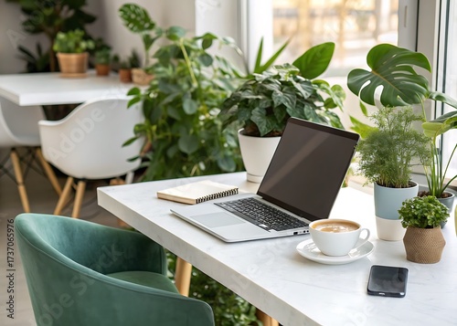 Cozy home office setup with plants and laptop by the window