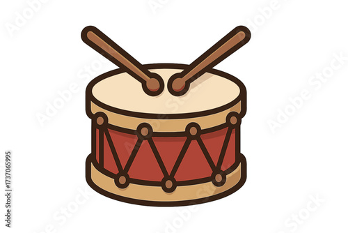 Drum vector icon. Music instrument symbol. Cartoon snare drum with drumsticks. Percussion illustration. Concept of rhythm, beat, sound, march, parade. Isolated graphic element.