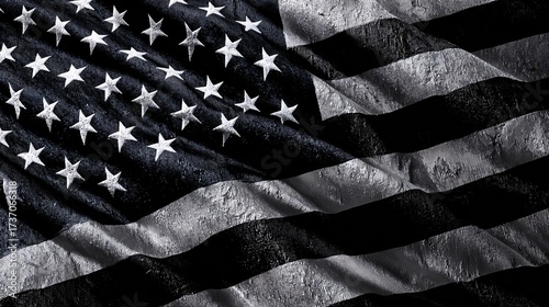 Black and white American flag with selective color highlighting stars and stripes patriotic design.