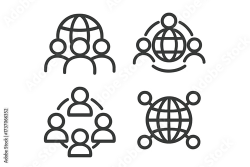 Global community and teamwork icon set. Vector line art of people connected worldwide. Business networking, international team, and social connection concept illustrations.