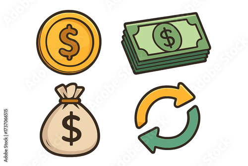 Money icon set vector. Finance cartoon illustration. Dollar cash, gold coin, banknote stack, money bag. Currency exchange, cashback or refund symbol. Business payment concept.