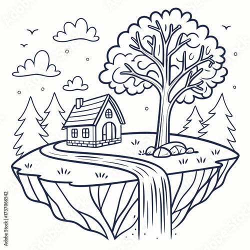 Vector art of house on a floating island