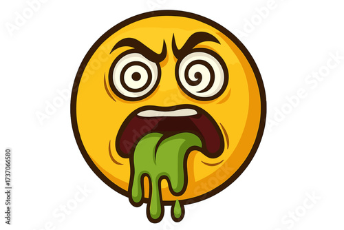 Sick emoji vomiting green slime. Grossed out emoticon with crazy spiral eyes. Concept for disgust, nausea, food poisoning or hangover. Unwell yellow face character puke vector.