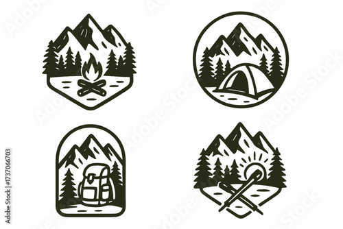 Set of mountain adventure logos. Outdoor activity badges collection for camping, hiking, and travel. Vector line art emblem with tent, campfire, backpack and forest.
