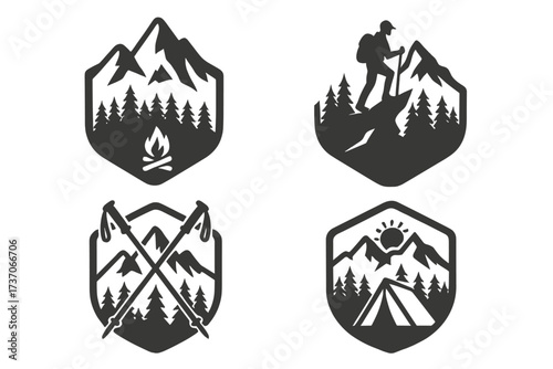 Set of mountain outdoor adventure logo concepts. Vector design collection for camping, hiking and trekking. Hiker, tent, campfire and forest silhouette emblems for tourism.