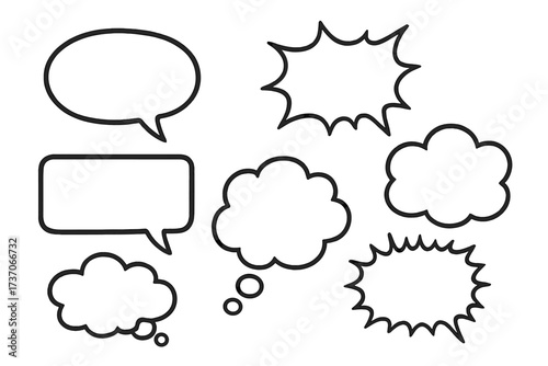 Set of hand-drawn vector comic bubbles. Speech and thought bubbles for text. Dialog, chat, and communication concept. Empty black and white pop art explosion clouds. Isolated.