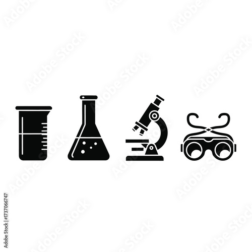 Laboratory science equipment icons beaker, flask, microscope, and goggles