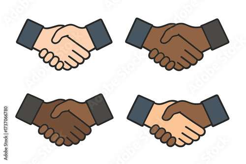 Multicultural handshake vector icon set. Different nationalities and races shaking hands. Business agreement and partnership concept. Diversity, equality and cooperation symbol.