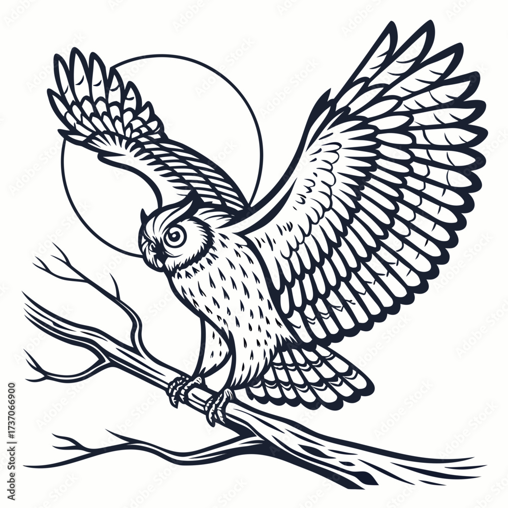 Obraz premium Vector art of owl landing on branch, isolated