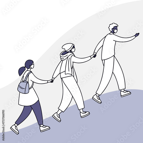 Vector art of people holding hands wearing masks